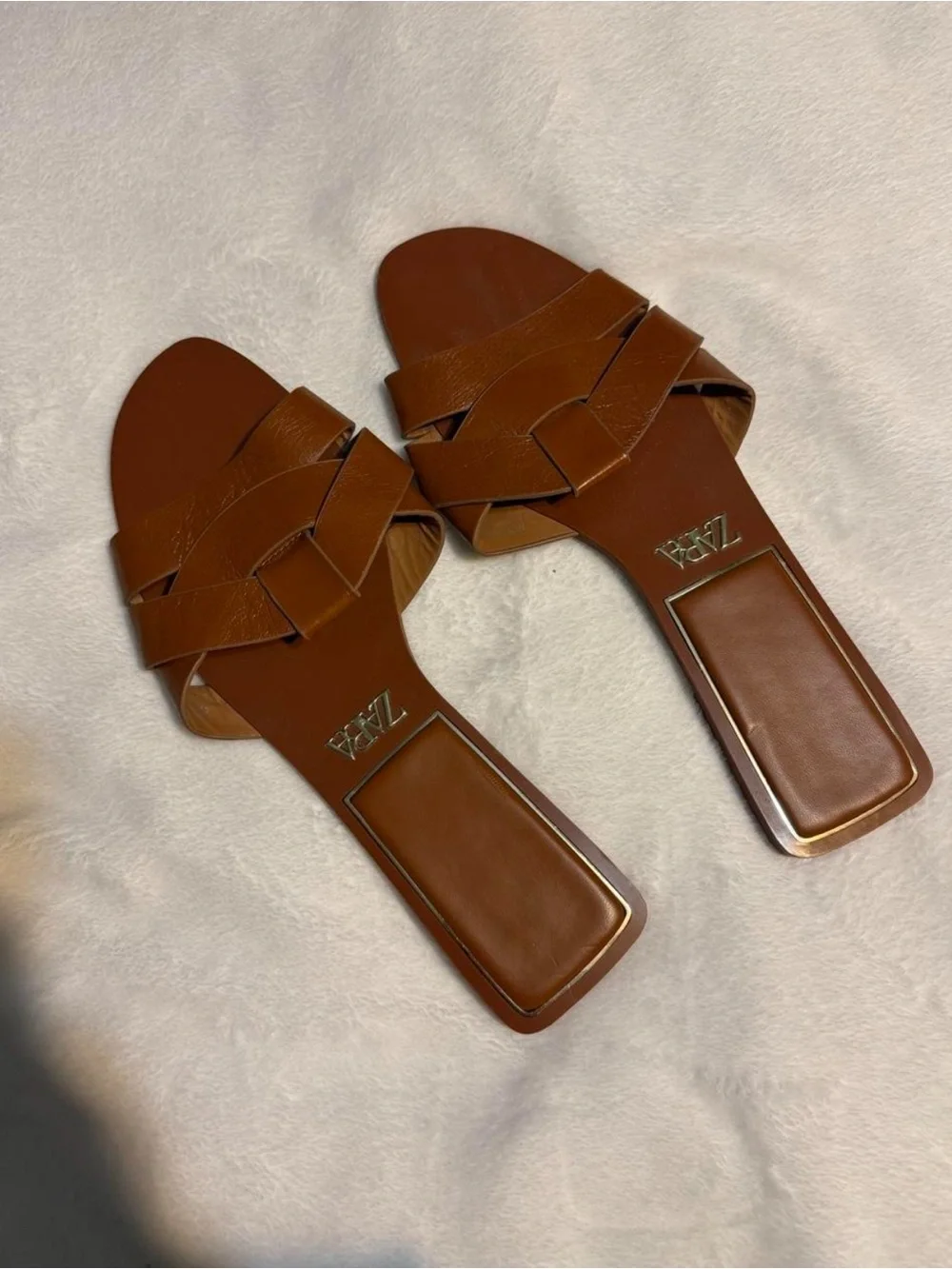 Zara Cognac Braided Leather Slide Sandals